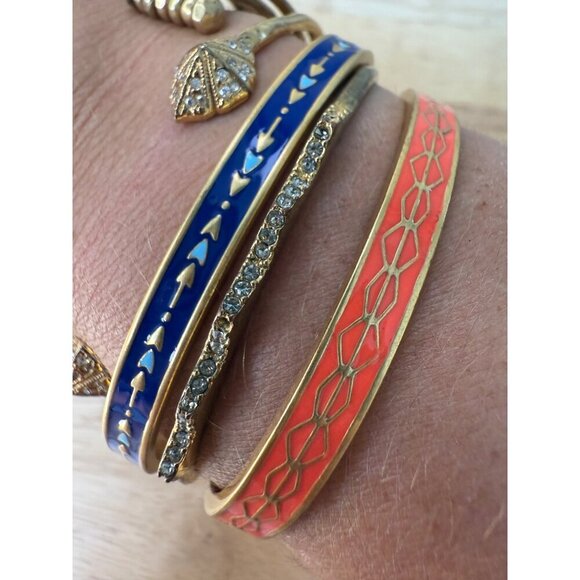 Stella & Dot Gold Cuff Bracelet Stack With Blue & Coral Enamel Rhinestone - Picture 3 of 14